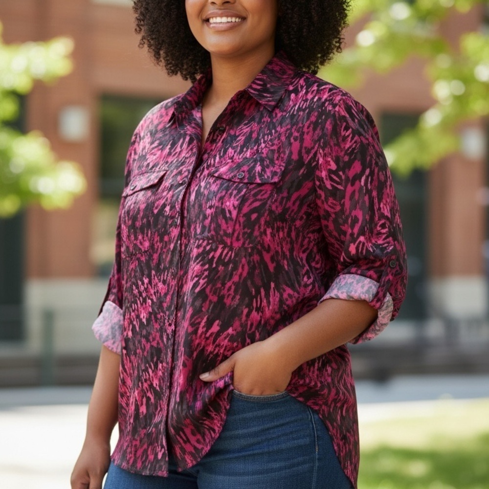 Maggie Barnes Pink and Black Abstract Blouse